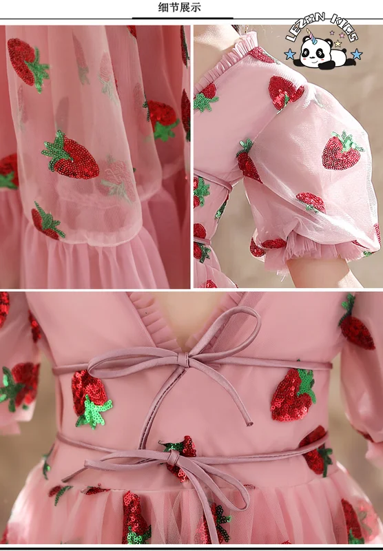 LEZONKIDS - Vestido de Tule com Brilho de Morango Rosa Personalizável para Meninas, Vestido de Festa de Aniversário para Crianças